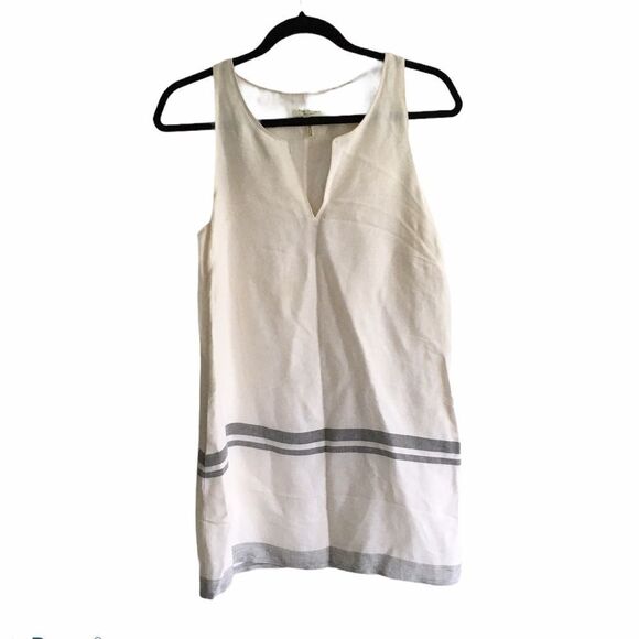 RAG & BONE Linen Sleeveless Mini Shift Dress Stripe Leather Trim Cream Black 2 - Picture 2 of 6